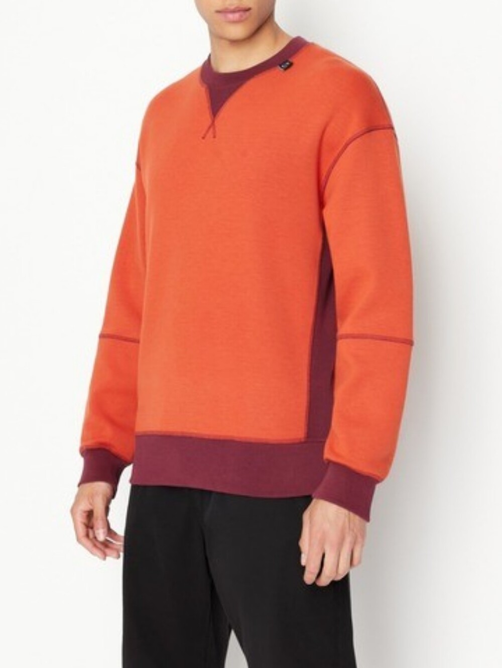 Armani Exchange Men's Orange Crewneck with Burgundy Trim Size M